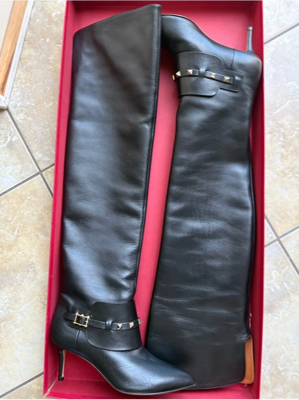 Valentino Garavani Black Leather Over The Knee OTK Rockstud Boots